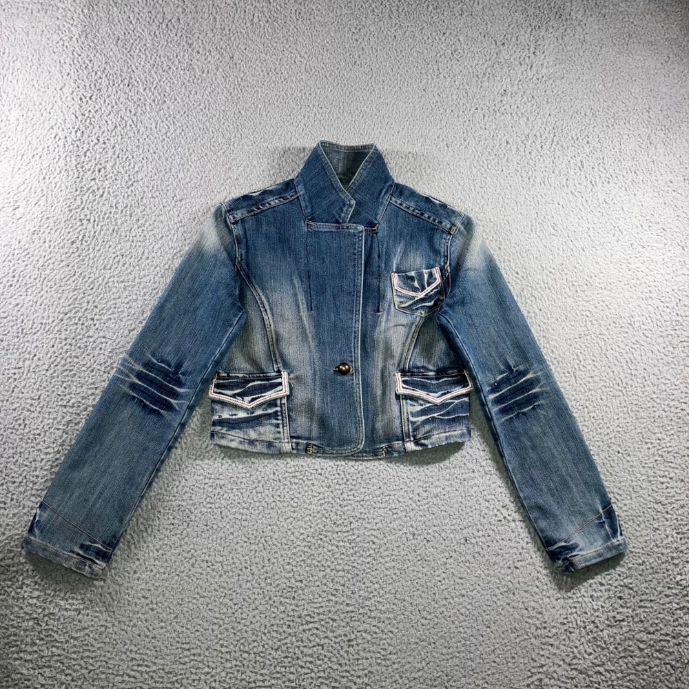Vintage Y2K Cropped Denim Jacket M Asymmetric Asymmetrical Blazer Funnel Neck